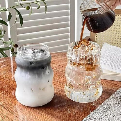 2 Pcs Ribbed Glass Cups, 18 Oz Vintage Drinking Glassware with Wave Design | Iced Coffee Cups Glass, Matcha Glass Bubble Cups for Iced Coffee, Juice, Beverage, Milk, Cocktails, Bubble Tea, and More