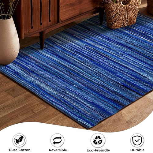 Chindi Area Rug 3x5 Feet - Navy | Cotton Hand Woven Throw Rugs for Bathroom, Easy Clean Accent Camping Carpet - color: Navy, size: 3 x 5 feet