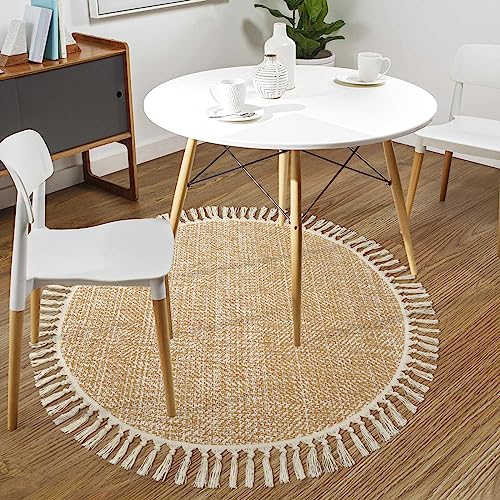Hand Woven Circle Area Rug, Soft Hand Woven Cotton Washable Carpet | 4ft Modern Farmhouse Rugs with Tassels, Tan/Cream Round Rugs for Bedroom Living Room Dining Room Table Office - color: Tan/Cream, size: 4' (Round)