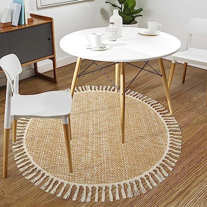 Hand Woven Circle Area Rug, Soft Hand Woven Cotton Washable Carpet | 4ft Modern Farmhouse Rugs with Tassels, Tan/Cream Round Rugs for Bedroom Living Room Dining Room Table Office - color: Tan/Cream, size: 4' (Round)