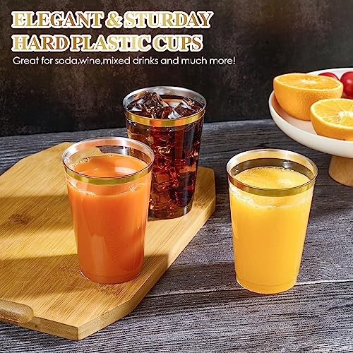 FOCUSLINE 100 Pack 12 oz Gold Rimmed Plastic Cups, 12 Ounce Clear Plastic Tumblers, Heavy-duty & Fancy Disposable Hard Cups with Gold Rim for Wedding - color: 12 oz Gold Rimmed
