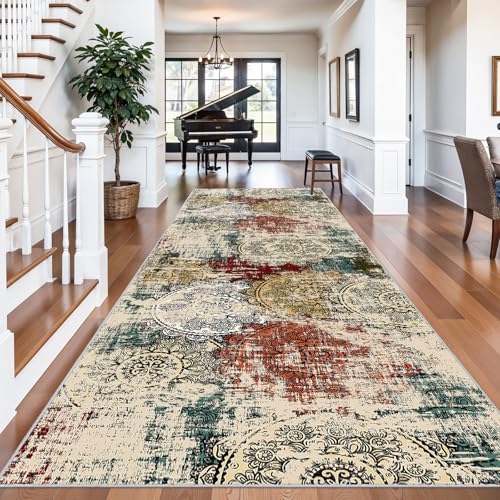 Non Slip 4x12 Runner Rug: Washable Low Pile Abstract Hallway Pet Owners Red | Indoor Long Soft Carpet Mandala Stamped Durability Easy Clean Entryways Kitchen Dining Room Bedroom Households with Seniors - color: Red/Green/Multi, size: 4' x 12' (Rectangular