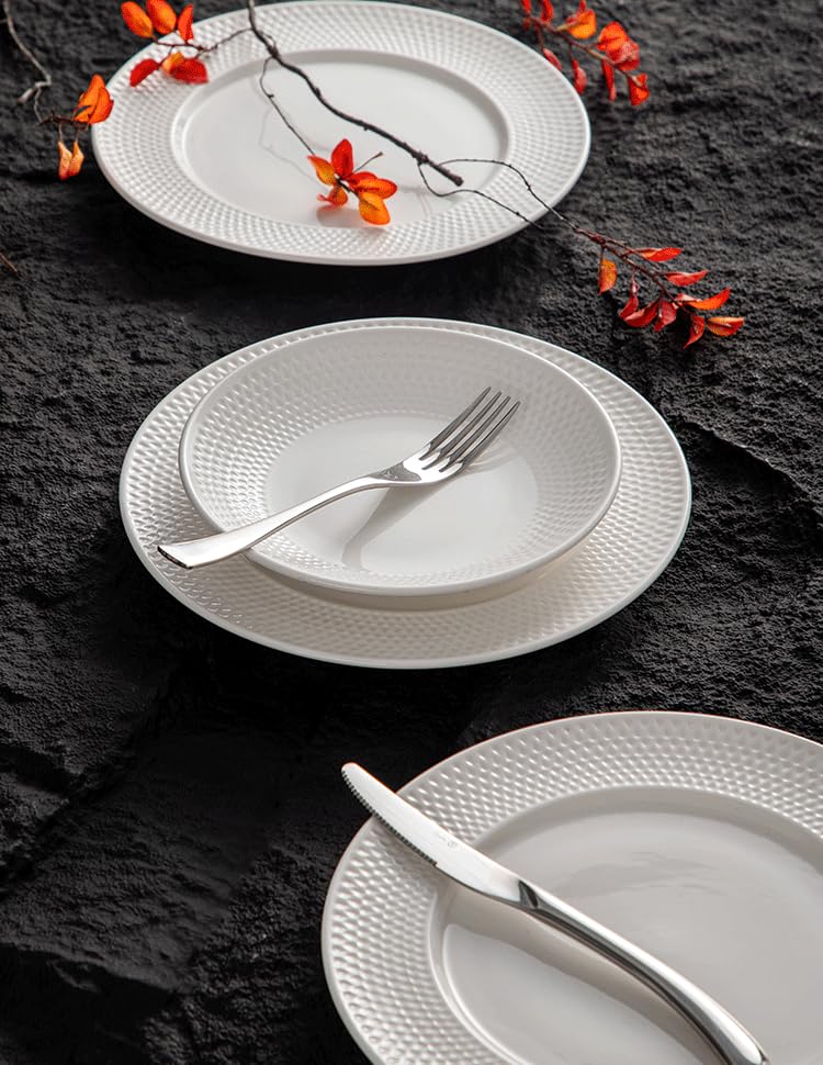 4-piece set, ceramic, embossed B design plate and bowl set, microwave and dishwasher tableware set, shatterproof and scratch resistant dinner set, irregular edge design, white - color: style - 11