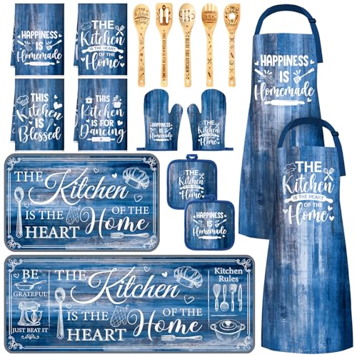 Bencailor 17 Pcs Blue Kitchen Sets Washable and Non-Slip Kitchen Rug and Mat Blue Mitts and Pot Holders Cute Cooking Theme Apron Dish Towels Wooden Spoons for Home Decoration Housewarming Gifts - color: Blue Kitchen