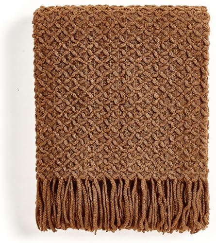 CREVENT Farmhouse Boho Knitted Throw Blanket for Couch Sofa Chair Bed Home Decoration, Soft Warm Cozy Light Weight for Spring Summer Fall (50''X60'' Light Brown) - color: Light Brown, size: 50inchx60inch