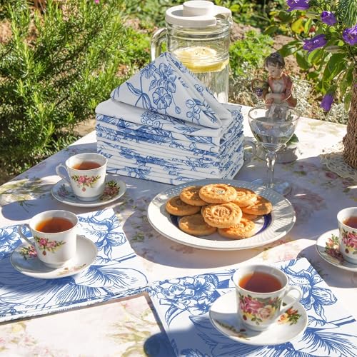 Kochorie 24 Pieces Blue Floral Cloth Napkins, 18 x 18 Inch Reusable Soft Fabric Napkins, Washable Flower Dinner Cocktail Napkin for Spring Summer Tea Party Holiday Home Kitchen Wedding Restaurant - color: Blue