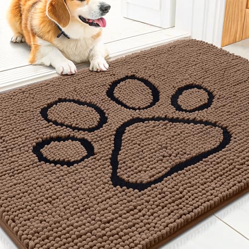 Smiry Dog Door Mat for Muddy Paws, Absorbent Non Slip Dirt Trapper, 30x20 | Coffee and Black, Quick Dry Washable Chenille Mat for Mud Dogs, Entry Rug for Indoor and Outdoor - color: Coffee and Black, size: 30"X20"