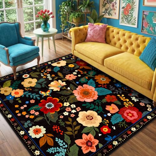 RELEANY Floral Washable Square 6ft Area Rug Black | Flower Carpet, Print, Boho, Non-Slip, Easy to Clean, Soft, Low Pile for Living Room Bedroom Kitchen Office Entryway Hallway - color: Black, size: 6' (Square)