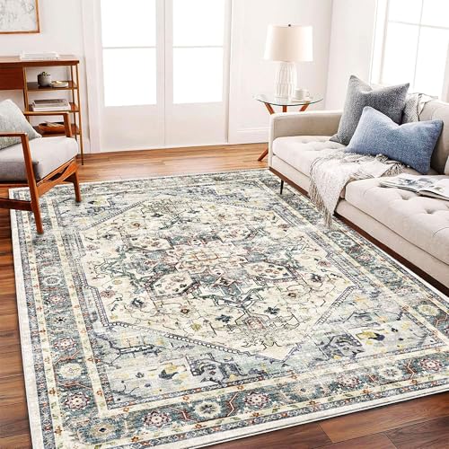 CHAMPLANT Washable Area Rug 9'x12' Cyan Khaki Retro Flowers Boho Design Non-Shedding Easy Care Ideal for High Traffic Areas in Living Room Bedroom Office Coffee Table Kitchen Large Carpet - color: Cyan Khaki, size: 9' x 12' (Rectangular)