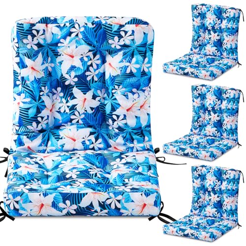 Hoteam 4 Set Outdoor Patio Chair Cushions 20 x 42 in Deep Seat Waterproof Patio Cushions Set for Furniture Replacement Removable Seat and Back (Blue Plumeria) - style: Blue Plumeria