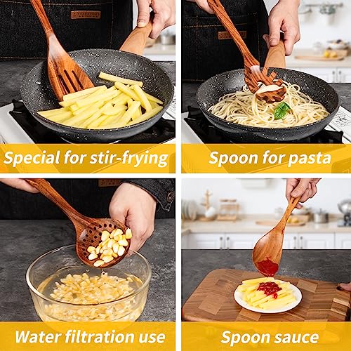 GUDAMAYE 11 PCE Wooden Spoons for Cooking, Wooden Kitchen Utensils Set,Wooden Cooking Utensils,Natural Teak Wooden Spoons For Non-stick Pan - size: 11 PCS