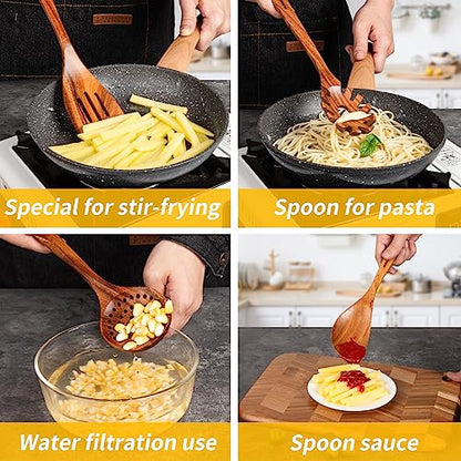 GUDAMAYE 11 PCE Wooden Spoons for Cooking, Wooden Kitchen Utensils Set,Wooden Cooking Utensils,Natural Teak Wooden Spoons For Non-stick Pan - size: 11 PCS