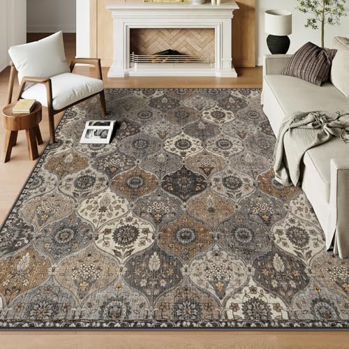 Lahome Moroccan Washable Area Rugs 8x10, Soft Rugs for Living Room Bedroom | Vintage Oriental Dining Room Non Slip Low Pile Stain Resistant Rug for Kids Pets High Traffic Areas, Burnt Grey - color: Dusty Grey Beige, size: 8' X 10' (Rectangular)
