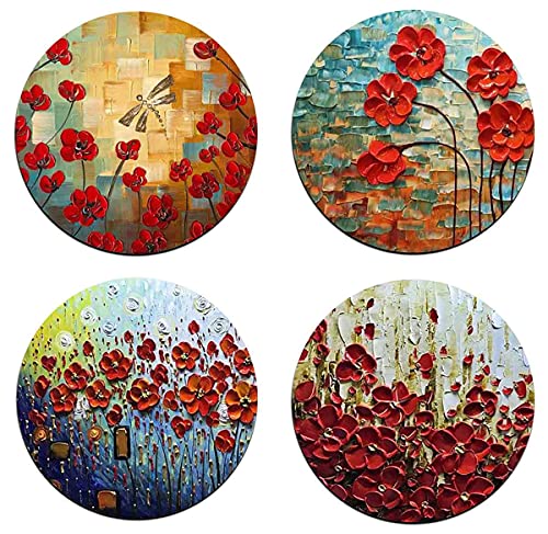 Red Watercolor Flowers Round Coaster Set-Made of Recycled Rubber-Set of 4 - color: Red Watercolor Flowers