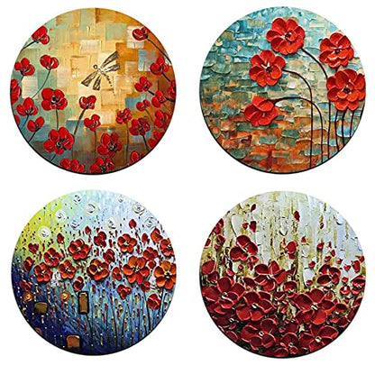 Red Watercolor Flowers Round Coaster Set-Made of Recycled Rubber-Set of 4 - color: Red Watercolor Flowers