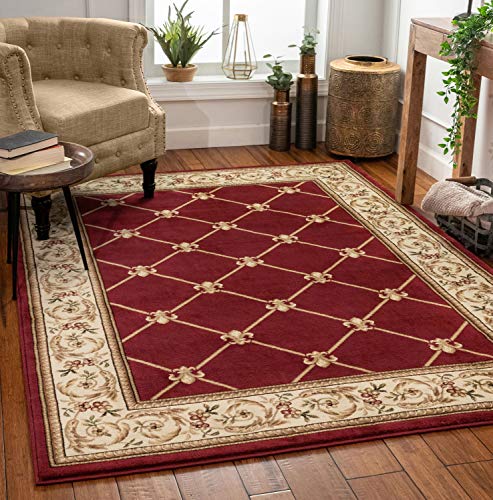 Patrician Trellis Red French European Formal Traditional 5X7 (5'3" X 7'3") Area Rug Easy To Clean Stain/Fade Resistant Shed Free Modern Contemporary Floral Thick Soft Plush Living Dining Room Rug - color: Red, size: 5'3" x 7'3" (Rectangular)