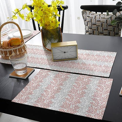 Table Runner and Placemats Set of 6 Tree Branch Decorative Dining Table Runner with Matching Placemats Pink Grey Table Decor for Kitchen Dining Room and Everyday Use 13x90in - size: 13"x90"+6pcs