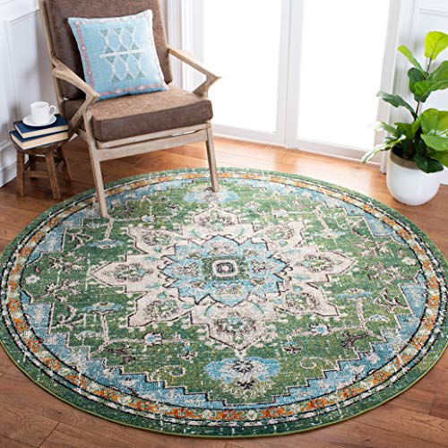SAFAVIEH Madison Collection Area Rug - 3' Round, Green & Turquoise, Boho Chic Distressed Medallion Design, Non-Shedding & Easy to Clean, Ideal for Living Room, Bedroom, Dining Space (MAD473Y) - color: Green/Turquoise, size: 3' (Round)