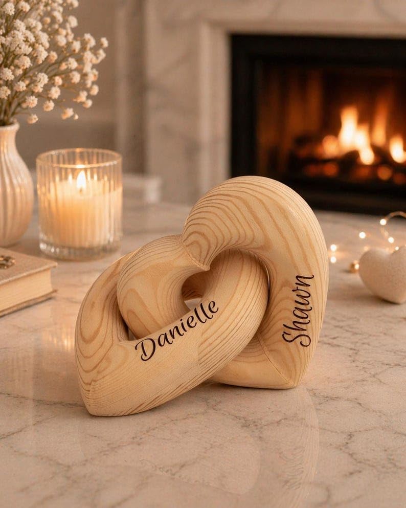 Personalized Interlocking Wooden Hearts, Custom Name Date Engraved Couple Gift, Wedding Anniversary Keepsake, Romantic Decor, Valentine Gift, Bridal Shower Gifts, Engagement Present 3 - color: Design 03