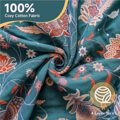 100% Cotton Boho Throw Blanket for Bed White Flowers 90"x98" | 4-Layer Gauze Breathable Double-sided Muslin Blanket,Soft Lightweight All Season Quilt with Fringe,Multi-purpose Blanket - color: Cashews, size: 90"x98"