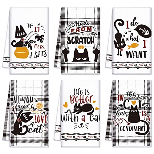 Redbaker 6 Pcs Black Cat Theme Kitchen Towels Funny Dish Towel | Black White Kitchen Hand Tea Dishcloth with Hanging Loop for Cat Lover Bathroom Home Housewarming Gift - style: Black Cat