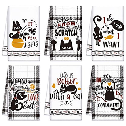 Redbaker 6 Pcs Black Cat Theme Kitchen Towels Funny Dish Towel | Black White Kitchen Hand Tea Dishcloth with Hanging Loop for Cat Lover Bathroom Home Housewarming Gift - style: Black Cat