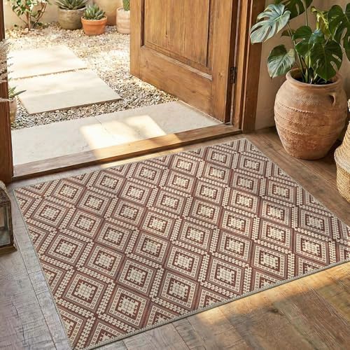 jinchan 2x3 Faux Jute Area Rug Washable Tile-Inspired Rug, Terracotta Brown | Vintage Geometric, Non-Slip, Low Pile, Indoor Outdoor, High-Traffic, Kitchen, Entryway, Bathroom, Laundry Room, Porch Balcony - color: Terracotta Brown, size: 2' x 3' (Rectangul