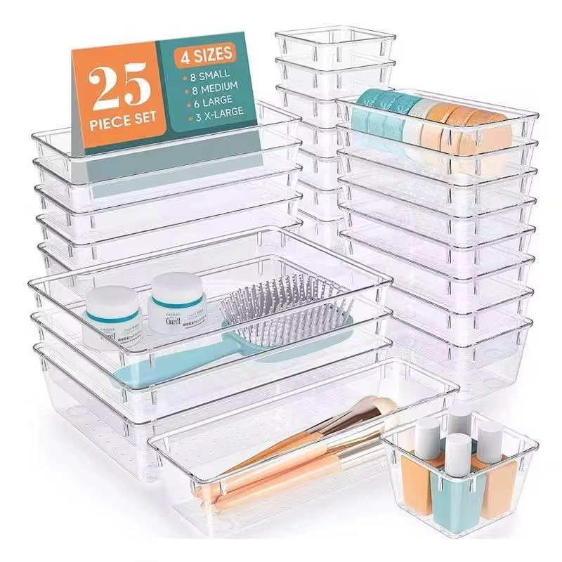 25 PCS Clear Plastic Drawer Organizer Set, 4 Sizes Stackable Storage Bins with Non-Slip Silicone Pads, Desk Bathroom Kitchen Makeup Office Drawer Organizers for Cosmetics,Gadgets & Accessories