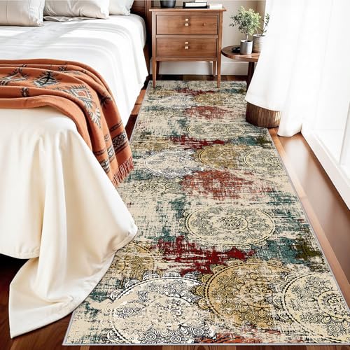 Washable Runner Rug 2x8 Modern: Non-Slip Backing Indoor Carpet Hallway | Abstract Thin Low-Pile Stain Resistant Easy Clean Soft Mandala Mat Kitchen Foyer Office High-Traffic Household Red Green - color: Red/Green/Multi, size: 2' x 8' (Rectangular)