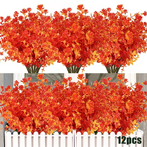 RECUTMS Fall Outdoor Artificial Flower UV Resistant Fake Boxwood Plant 12Pc | Autumn Decor,Faux Gold Greenery Fillers for Indoor Outside Hanging Plant Garden Porch Window Box Home Wedding Farmhouse Décor - color: Golden, size: 12 Pcs