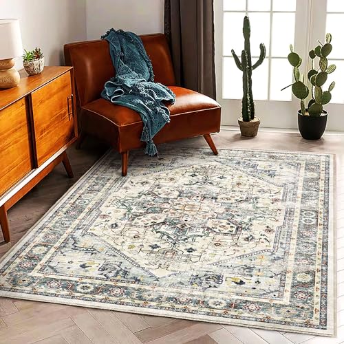 CHAMPLANT 3'x5' Cyan Khaki Vintage Washable Thin Area Rug Traditional Floor Cover Foldable Indoor Distressed Non Slip Carpet Floral Print Mat Bedroom Living Room Bathroom - color: Cyan Khaki, size: 3' x 5' (Rectangular)
