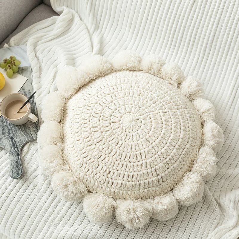 Knitted Throw Pillow Round Couch Pillow Sofa Cute Cushion Handmade Pompoms Decorative Plush Pillow (Beige, Diameter 18inches) - color: Beige