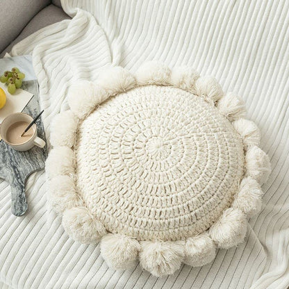 Knitted Throw Pillow Round Couch Pillow Sofa Cute Cushion Handmade Pompoms Decorative Plush Pillow (Beige, Diameter 18inches) - color: Beige