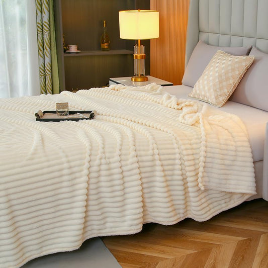 3D Ribbed Jacquard Flannel Fleece Blanket 3cm Ultra Soft Lightweight Throw Blanket Cozy Warm for Bed Sofa Couch All Season Decor (White, 60"x80") - color: White, size: 60"x80"