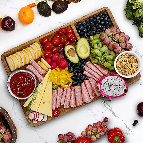 Large Acacia Wood Cutting Board for Kitchen 17x12x1.5 with 3 Compartments, Handles & Juice Groove, Non-Slip Mats, Thick Heavy Duty Butcher Block Charcuterie Board (Gift Box Included) - size: 17"L x 12"W