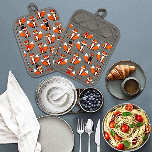 Pot Holders Set of 2,Non Slip Clear Silicone Printed Potholdes | Resistant 480 ℉,Comfortable Cotton Lining Kitchen Women Men Cooking Baking Microwave (Fox, Gray Potholders) - color: Fox, Gray Potholders
