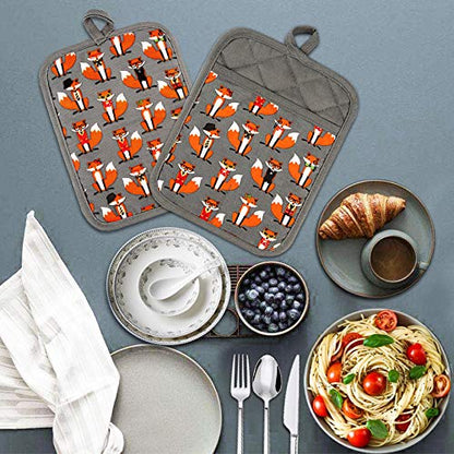 Pot Holders Set of 2,Non Slip Clear Silicone Printed Potholdes | Resistant 480 ℉,Comfortable Cotton Lining Kitchen Women Men Cooking Baking Microwave (Fox, Gray Potholders) - color: Fox, Gray Potholders