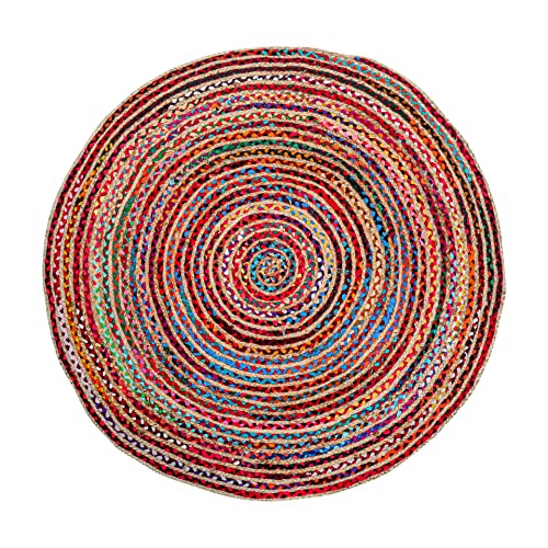 3' Round Hand Woven Jute Chindi Area Rug - Colorful Boho Rugs | Rugs for Living Room, Hand Braided Multicolor Bohemian Rug for Farmhouse, Bedroom, Dining Room, Classroom - 3 foot round rugs - color: Multi Color, size: 3' (Round)