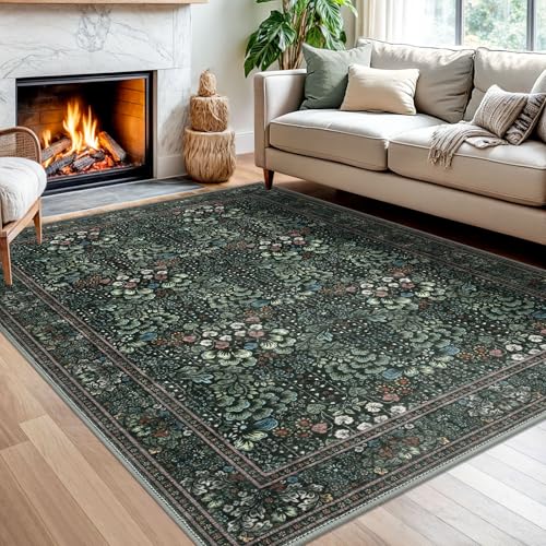 SIILOOM 5x7 Washable Area Rug, Non Slip Indoor Mat for Bedroom Living Room | Dark Green(Modern) Soft Boho Vintage Spill & Stain Resistant Low Pile Carpet for Dining Room Under Table Bedside, Easy Clean - color: Dark Green(modern), size: 5' x 7' (Rectangul