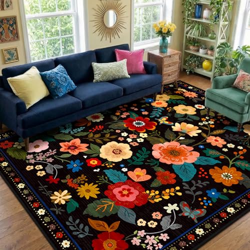 RELEANY Floral Washable 8x10 Area Rugs Black | Flower Carpet, Print, Boho, Non-Slip, Easy to Clean, Soft, Low Pile for Living Room Bedroom Kitchen Office Entryway Hallway - color: Black, size: 8' x 10' (Rectangular)