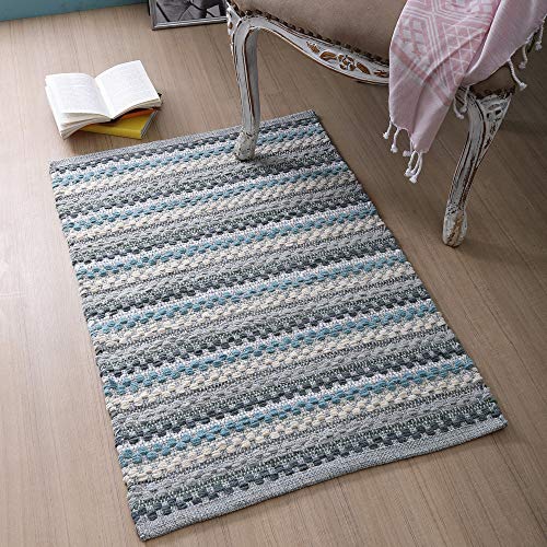 Chenille Kitchen Rug 2x3 Feet - Aqua Combo | Cotton Absorbent Floor Rug for Bathroom, Washable Teal Small Light Weight Mat - color: Aqua Combo, size: 2 x 3 feet