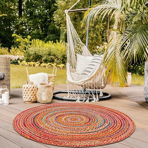 Hausattire Braided Boho Round Rug, Multicolor, 5 ft | Jute/cotton blend, hand woven, reversible, rag rug style, farmhouse/boho, kitchen/bedroom/living room - color: Multi Color, size: 5' (Round)