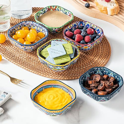 HENXFEN LEAD Boho Ceramic Dipping & Snack Bowls Set of 6, 8 oz Square Bowls | Assorted Patterns, Ideal for Desserts, Side Dishes, Salsa, Fruit, Nuts & Appetizers, Microwave & Dishwasher Safe - size: 8 Oz