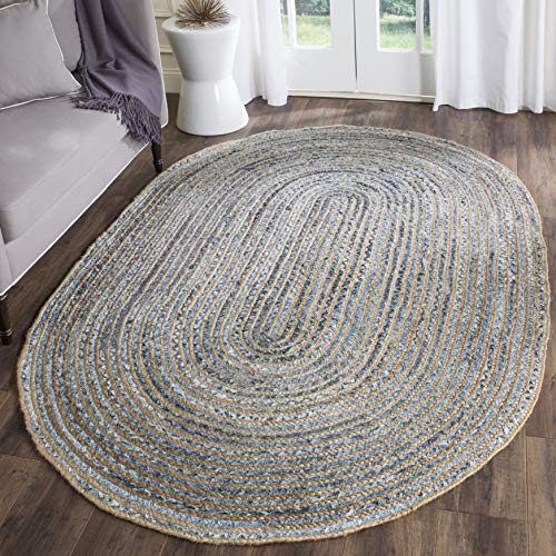 SAFAVIEH Cape Cod Collection Area Rug - 3' x 5' Oval, Natural & Blue, Handmade Flat Weave Jute, Ideal for High Traffic Areas in Living Room, Bedroom (CAP250A) - size: 3' x 5' (Oval)