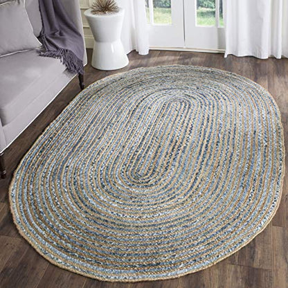SAFAVIEH Cape Cod Collection Area Rug - 5' x 8' Oval, Natural & Blue, Handmade Flat Weave Jute, Ideal for High Traffic Areas in Living Room, Bedroom (CAP250A) - size: 5' x 8' (Oval)