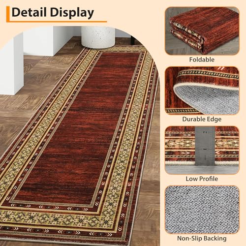 Modern Washable Runner Rug 2x6 Non Slip Bordered Solid Area Rugs, Washable Kitchen Mats Bedside Rug, Stain Resistant Soft Bathroom Carpet, Foldable Runners for Hallways, Entryways, Red | Non Slip Non Shedding Stain Resistant Neutral Textured Solid Foldabl