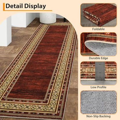 Modern Washable Runner Rug 2x6 Non Slip Bordered Solid Area Rugs, Washable Kitchen Mats Bedside Rug, Stain Resistant Soft Bathroom Carpet, Foldable Runners for Hallways, Entryways, Red | Non Slip Non Shedding Stain Resistant Neutral Textured Solid Foldabl