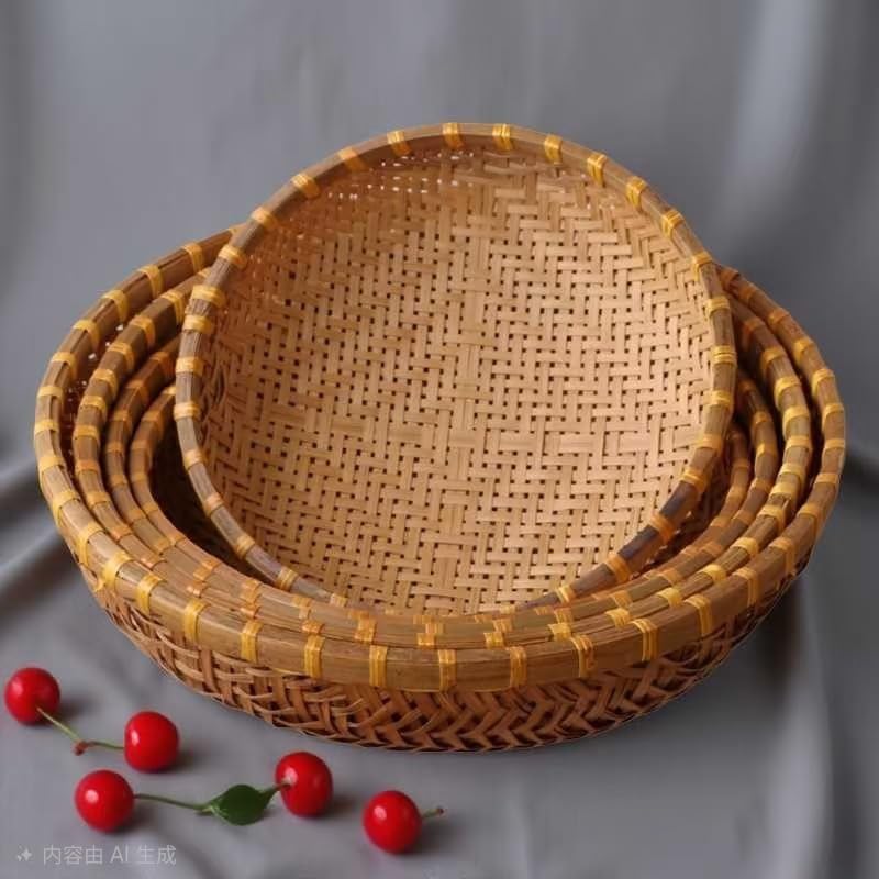 Handmade Natural Bamboo Woven Basket Set, Round, 5 Piece, Nesting Trays for Fruit and Snack Storage