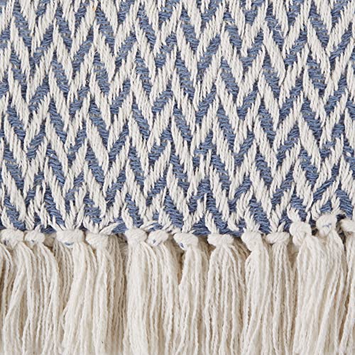 DII Modern Zig Zag Throw Blanket Woven Cotton, Hand-Knotted 2.5" Fringe, 50x60, Stonewash Blue - color: Stonewash Blue, size: 50x60"