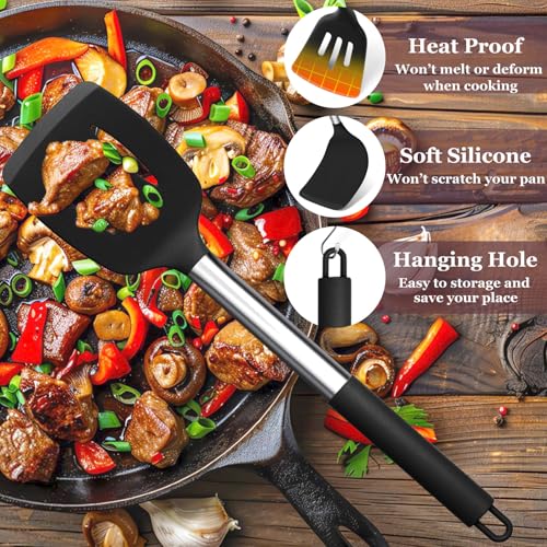 TeamFar Kitchen Utensils Set of 8, Silicone Utensils Kitchen Tools Set | with Stainless Steel Handle, for Frying Serving Flipping Draining, Non-toxic & Heatproof, Nonstick & Dishwasher Safe - Black - color: Black
